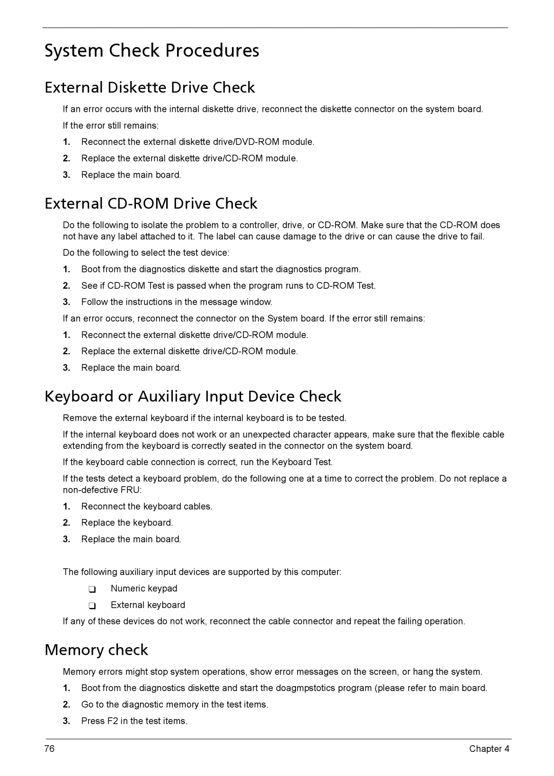 Acer 3040, 3030 manual System Check Procedures, External Diskette Drive Check, External CD-ROM Drive Check, Memory check 