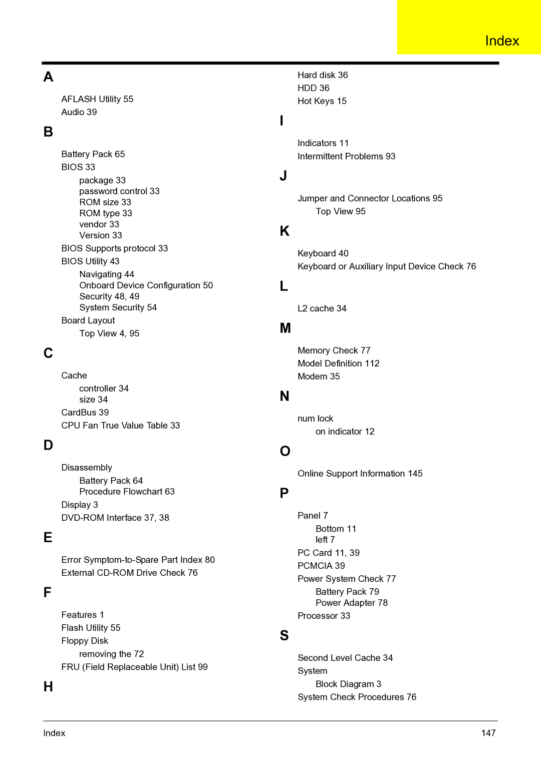 Acer 3050 manual Index 