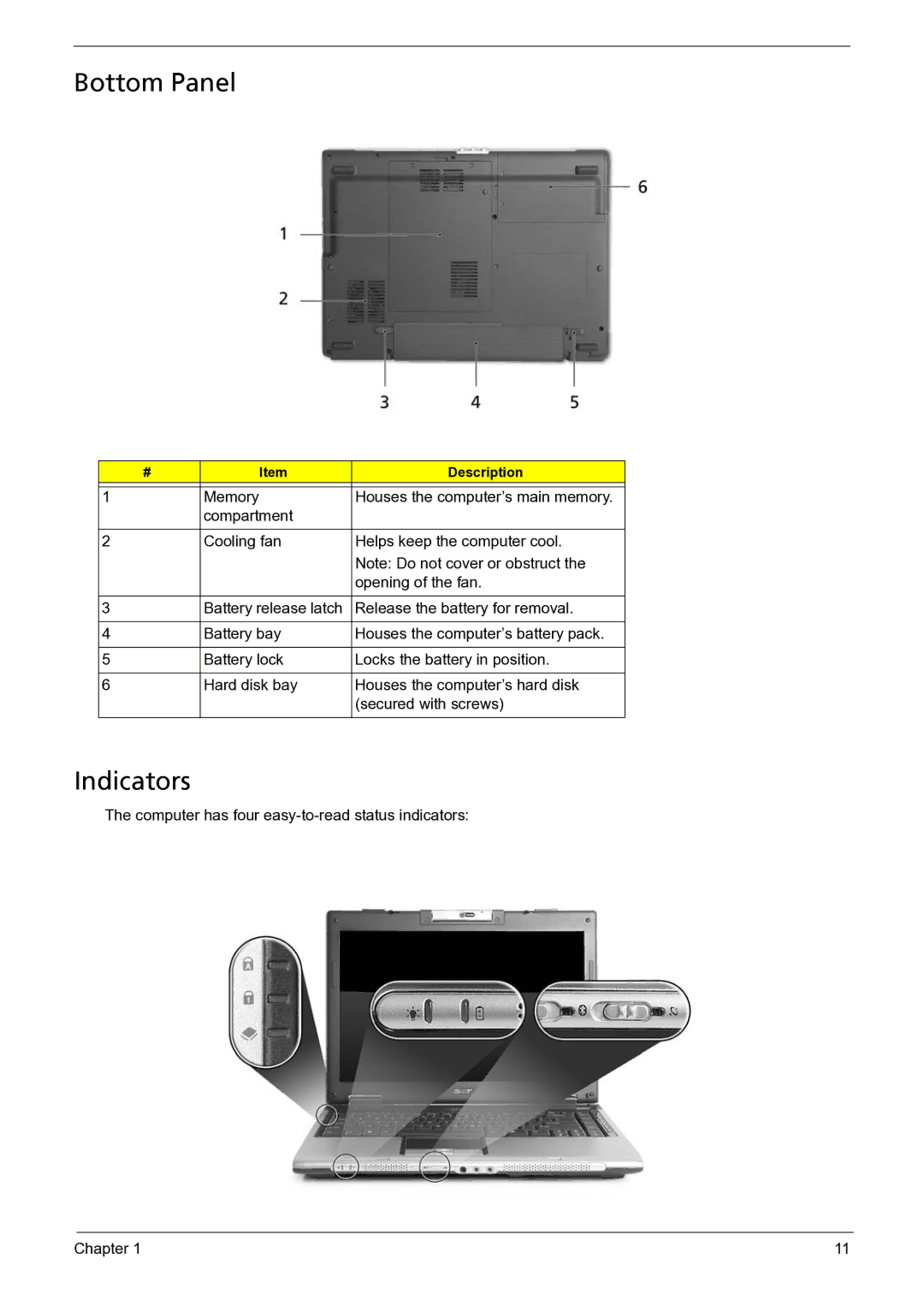 Acer 3050 manual Bottom Panel, Indicators, Memory, Computer has four easy-to-read status indicators Chapter 