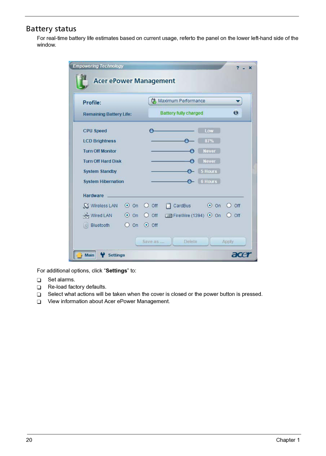 Acer 3050 manual Battery status 