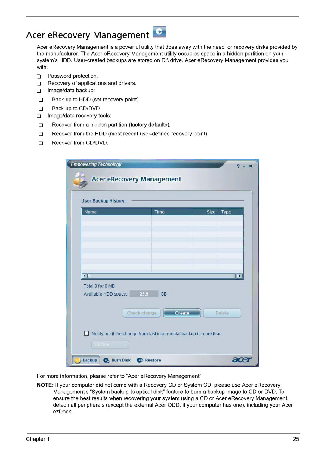 Acer 3050 manual Acer eRecovery Management 