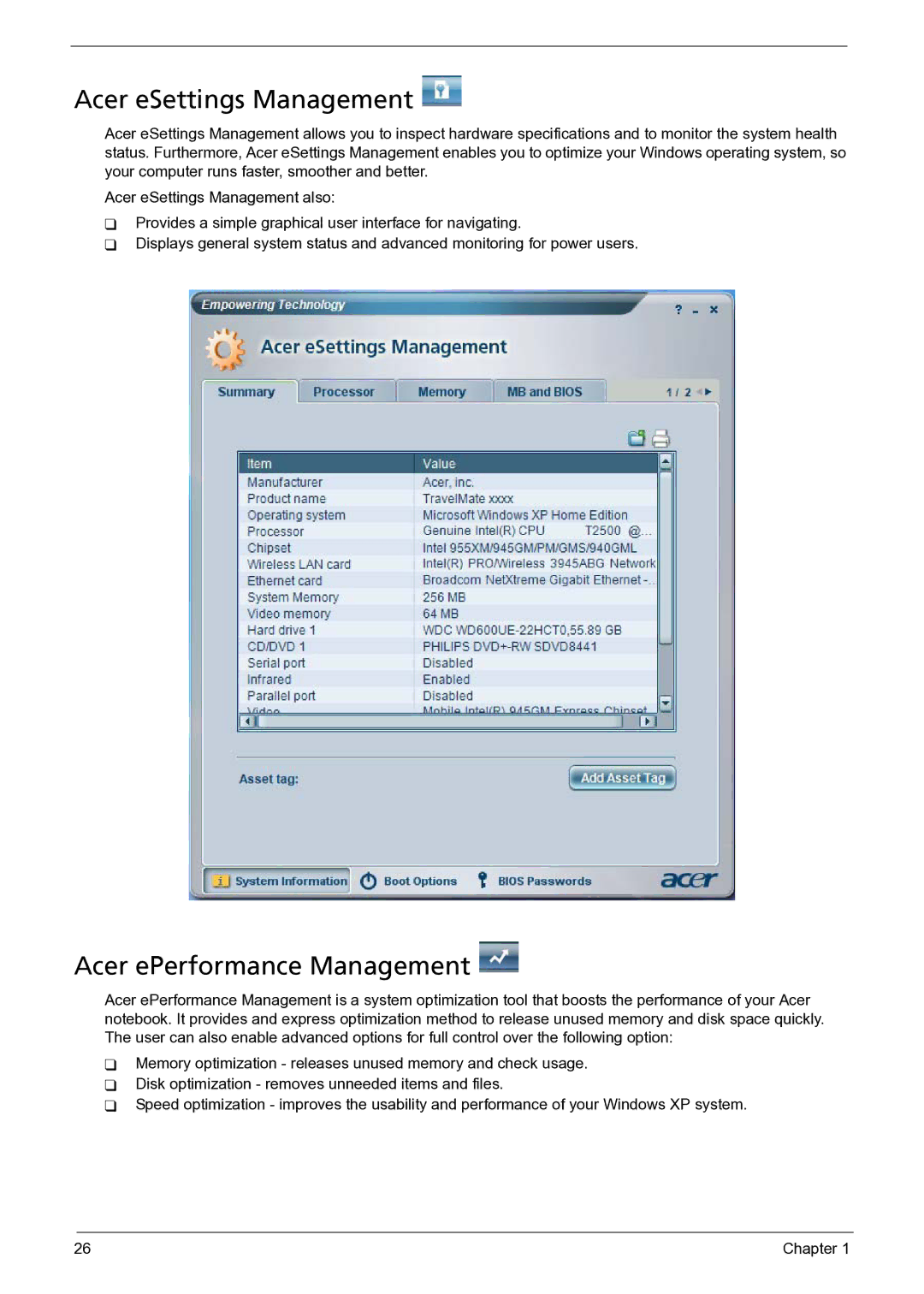 Acer 3050 manual Acer eSettings Management, Acer ePerformance Management 