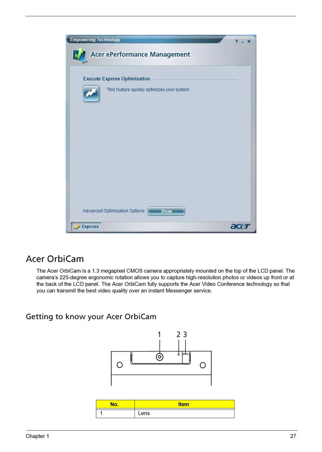 Acer 3050 manual Getting to know your Acer OrbiCam, Lens 