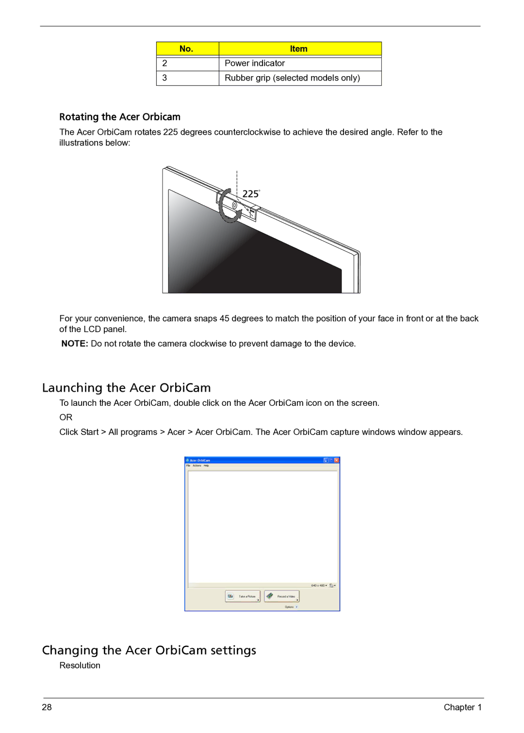 Acer 3050 Launching the Acer OrbiCam, Changing the Acer OrbiCam settings, Power indicator Rubber grip selected models only 