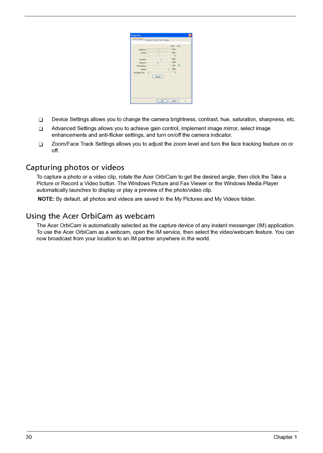 Acer 3050 manual Capturing photos or videos, Using the Acer OrbiCam as webcam 