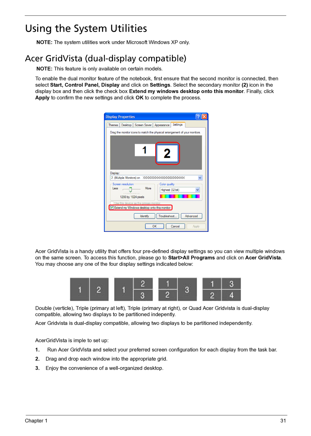 Acer 3050 manual Using the System Utilities, Acer GridVista dual-display compatible 