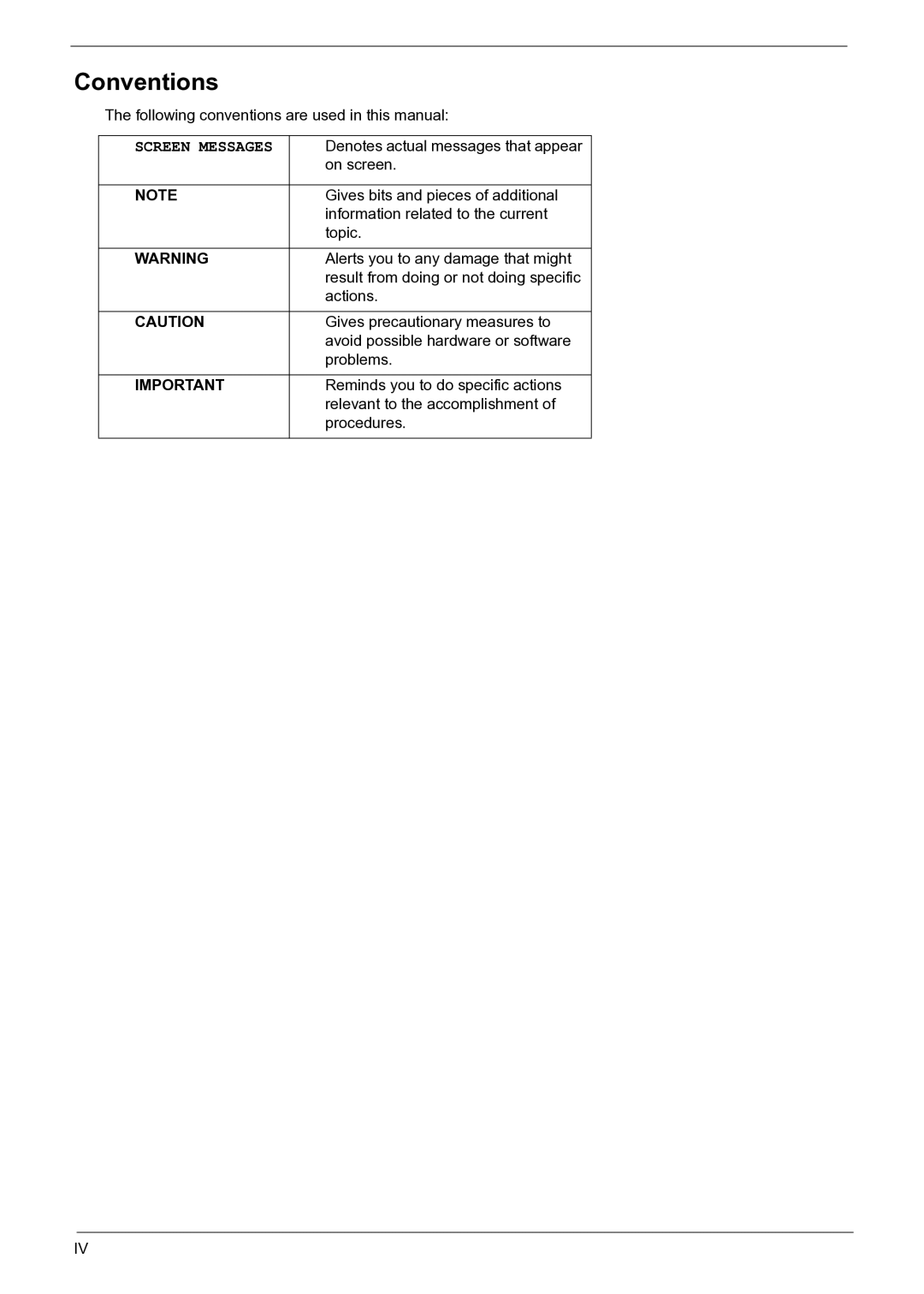 Acer 3050 Following conventions are used in this manual, On screen, Gives bits and pieces of additional, Topic, Actions 