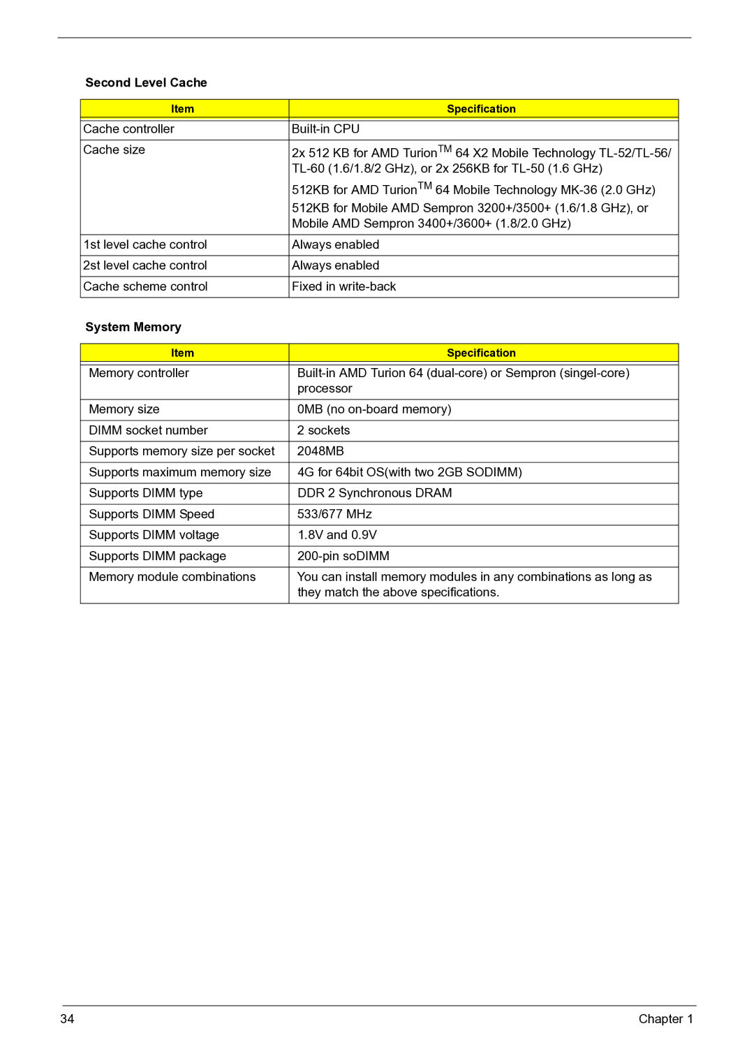 Acer 3050 manual Second Level Cache, System Memory 