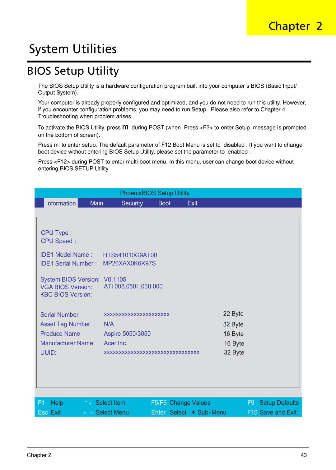 Acer 3050 manual System Utilities, Bios Setup Utility 