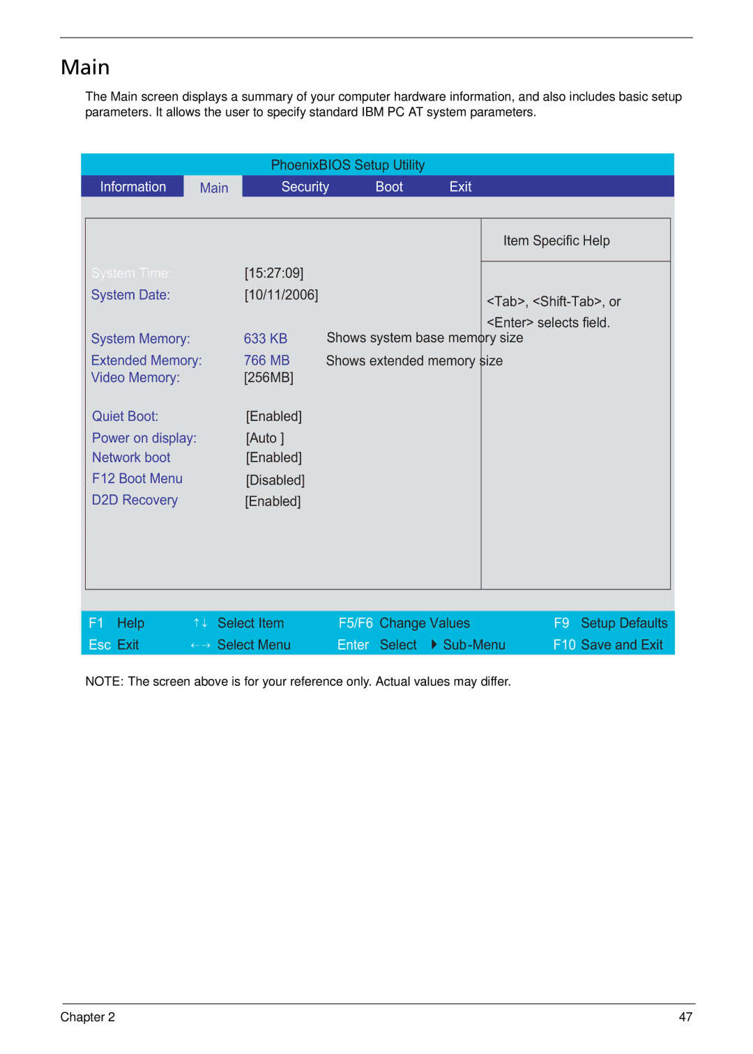 Acer 3050 manual Main, Security Boot Exit 