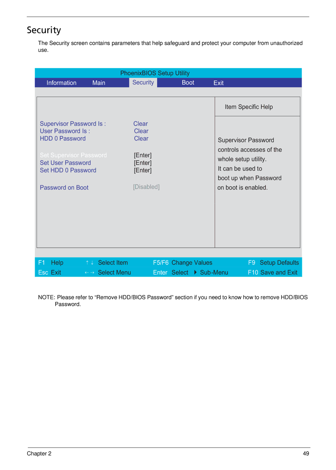 Acer 3050 manual Security, Boot Exit 