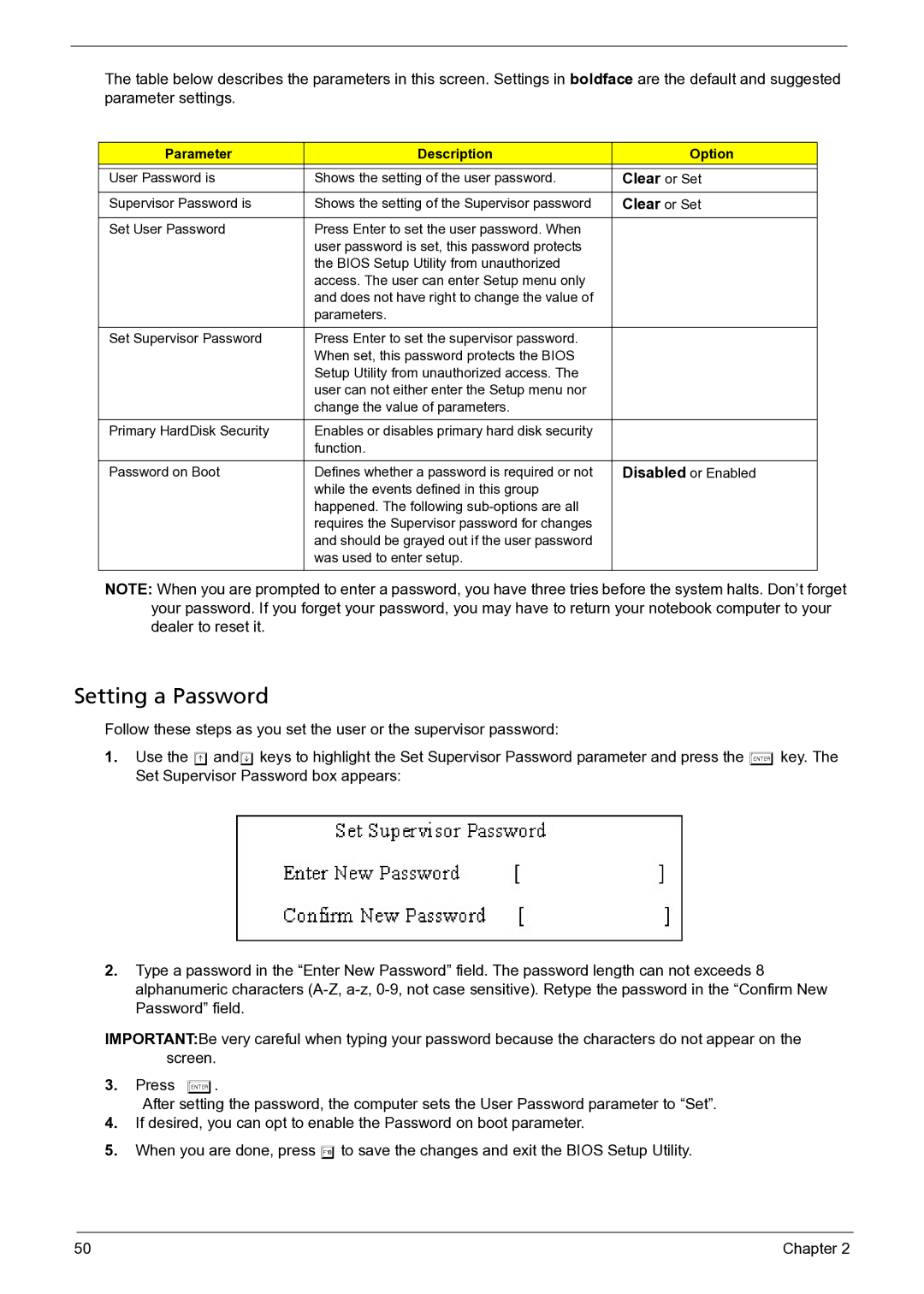 Acer 3050 manual Setting a Password, Clear or Set 