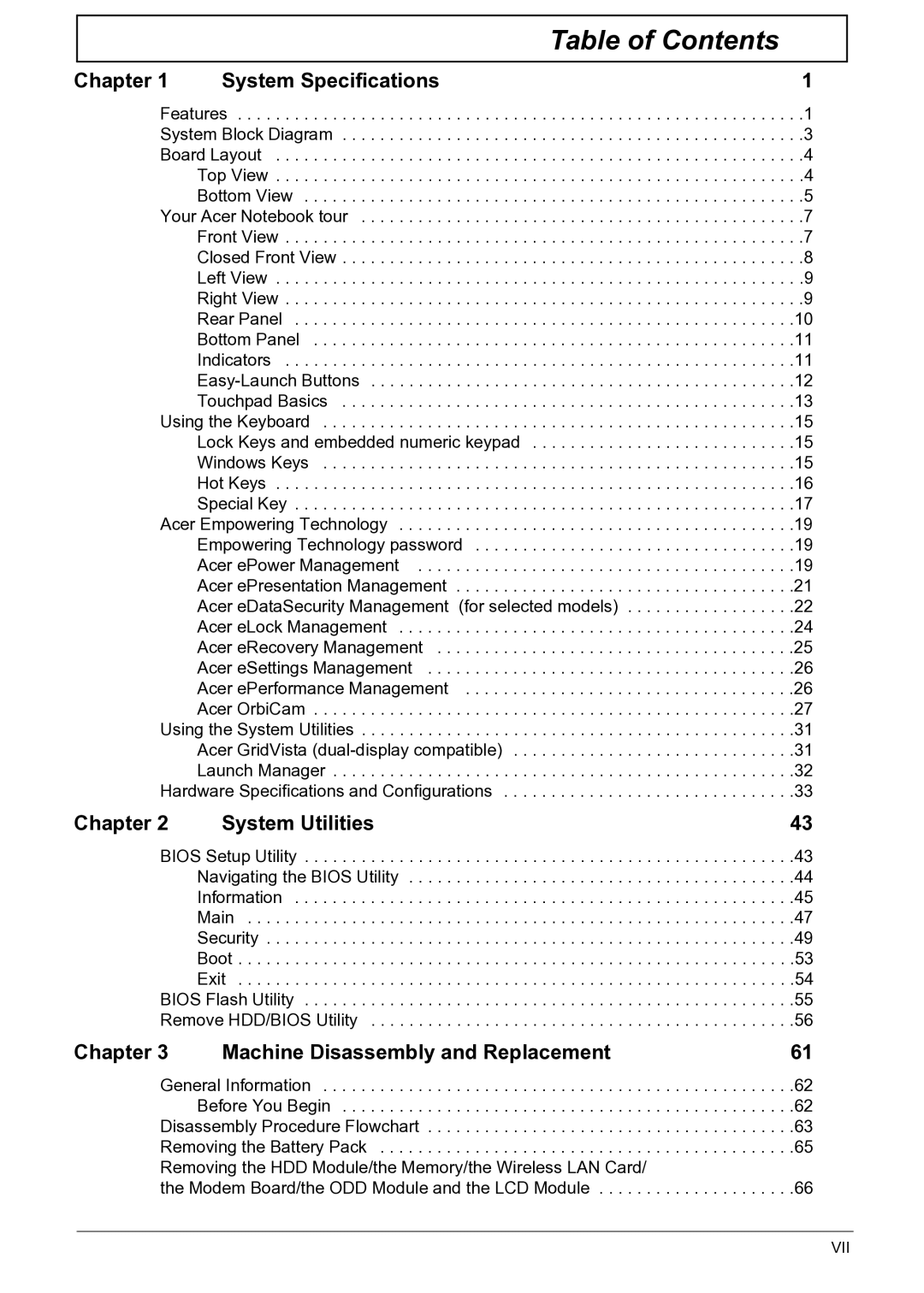 Acer 3050 manual Table of Contents 