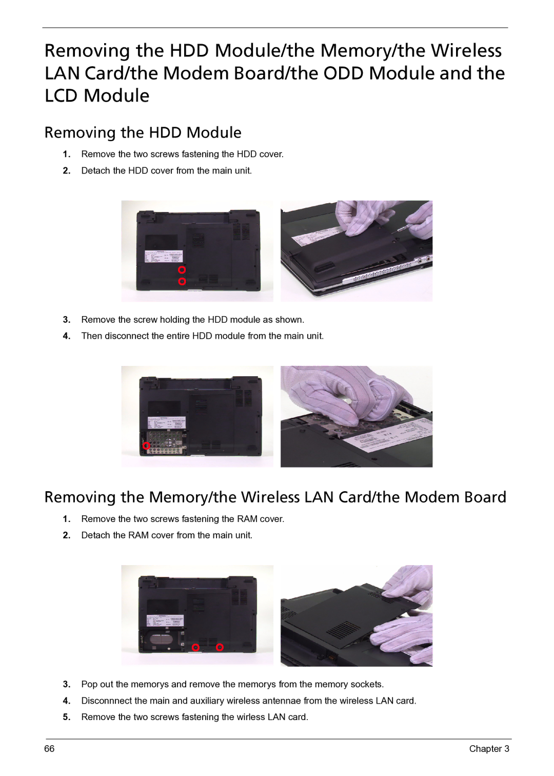 Acer 3050 manual Removing the HDD Module, Removing the Memory/the Wireless LAN Card/the Modem Board 