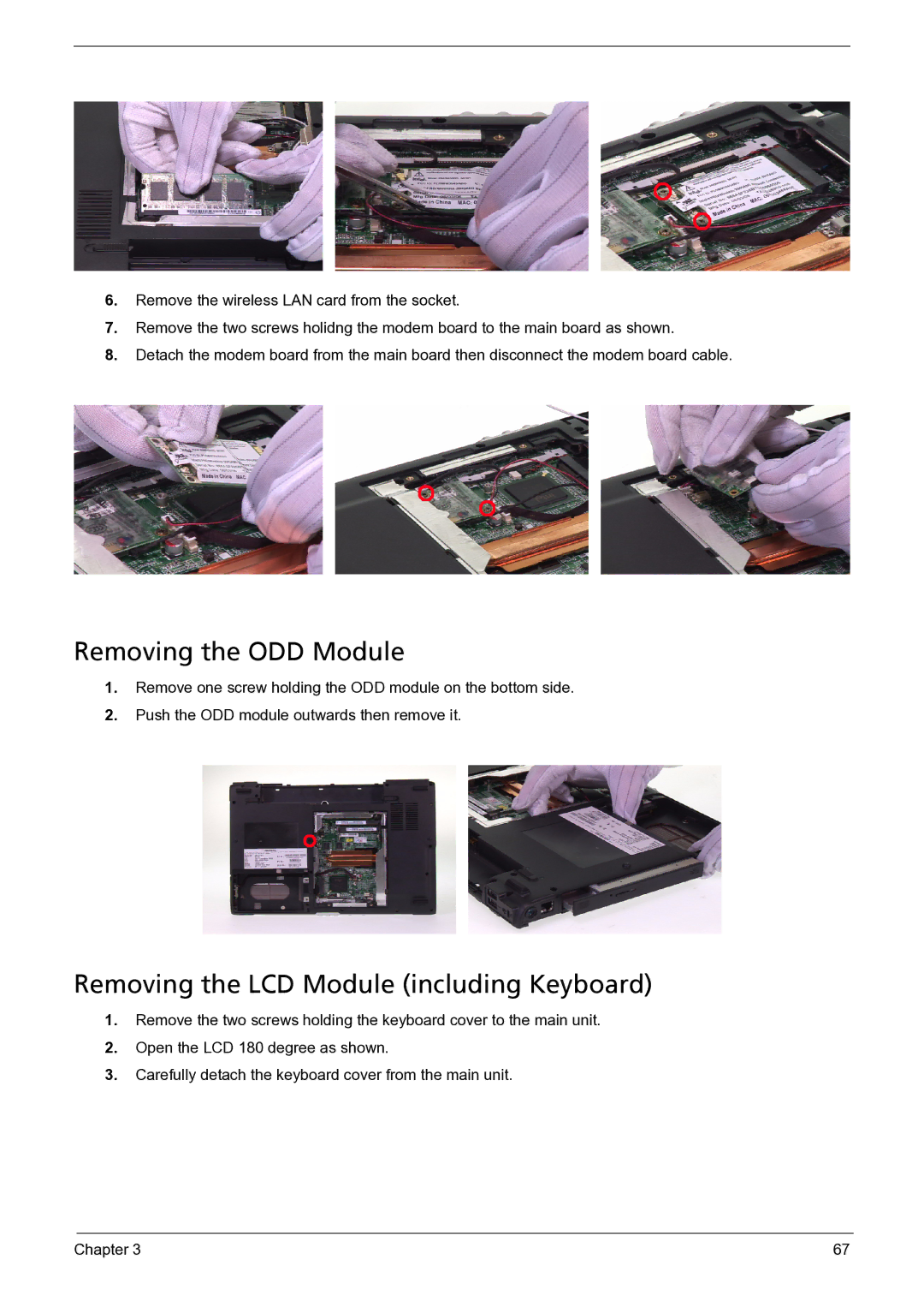 Acer 3050 manual Removing the ODD Module, Removing the LCD Module including Keyboard 