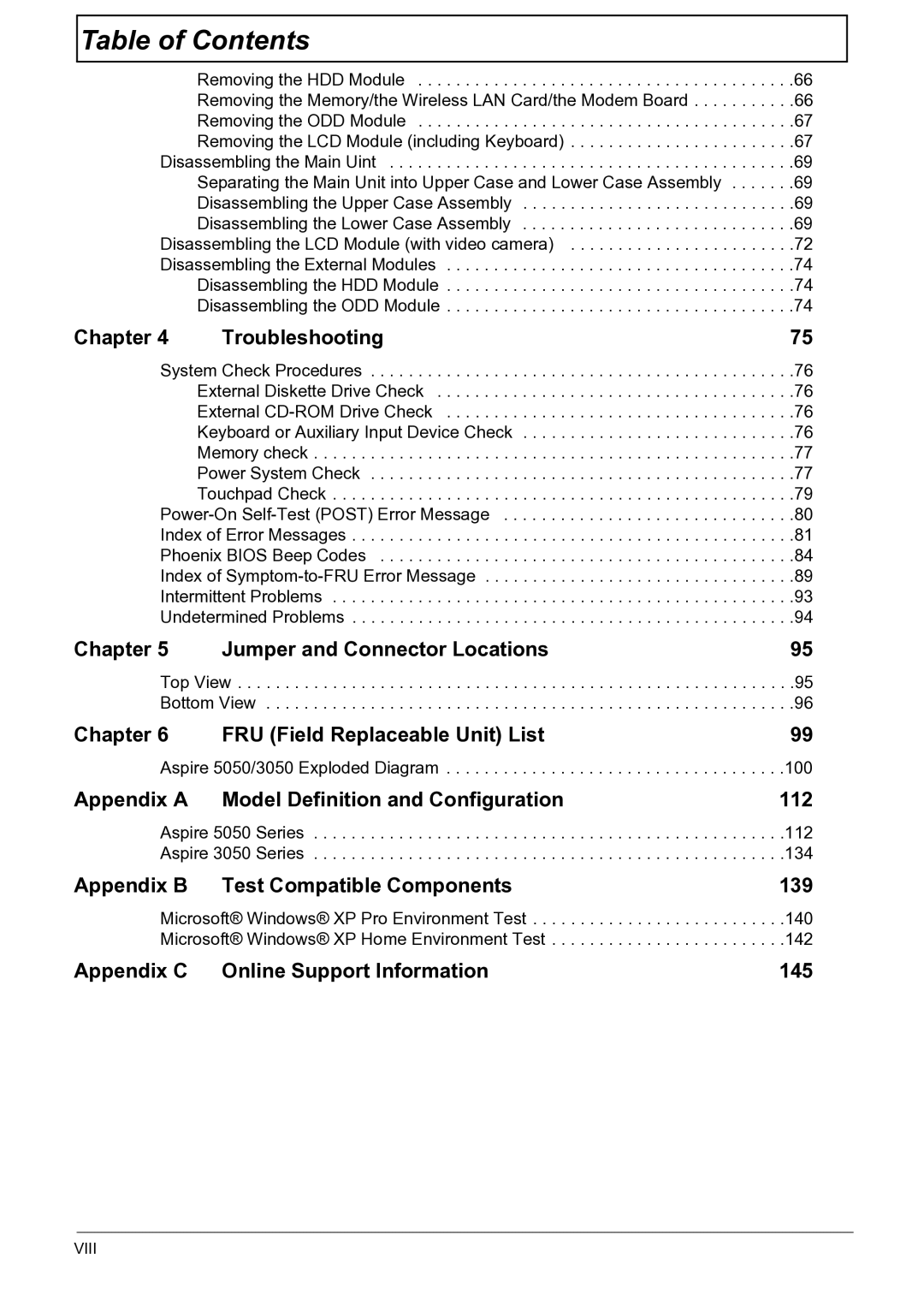 Acer 3050 manual Chapter Troubleshooting, Viii 