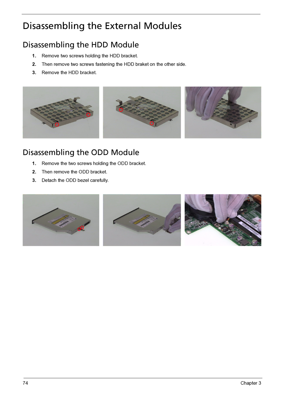 Acer 3050 manual Disassembling the External Modules, Disassembling the HDD Module, Disassembling the ODD Module 