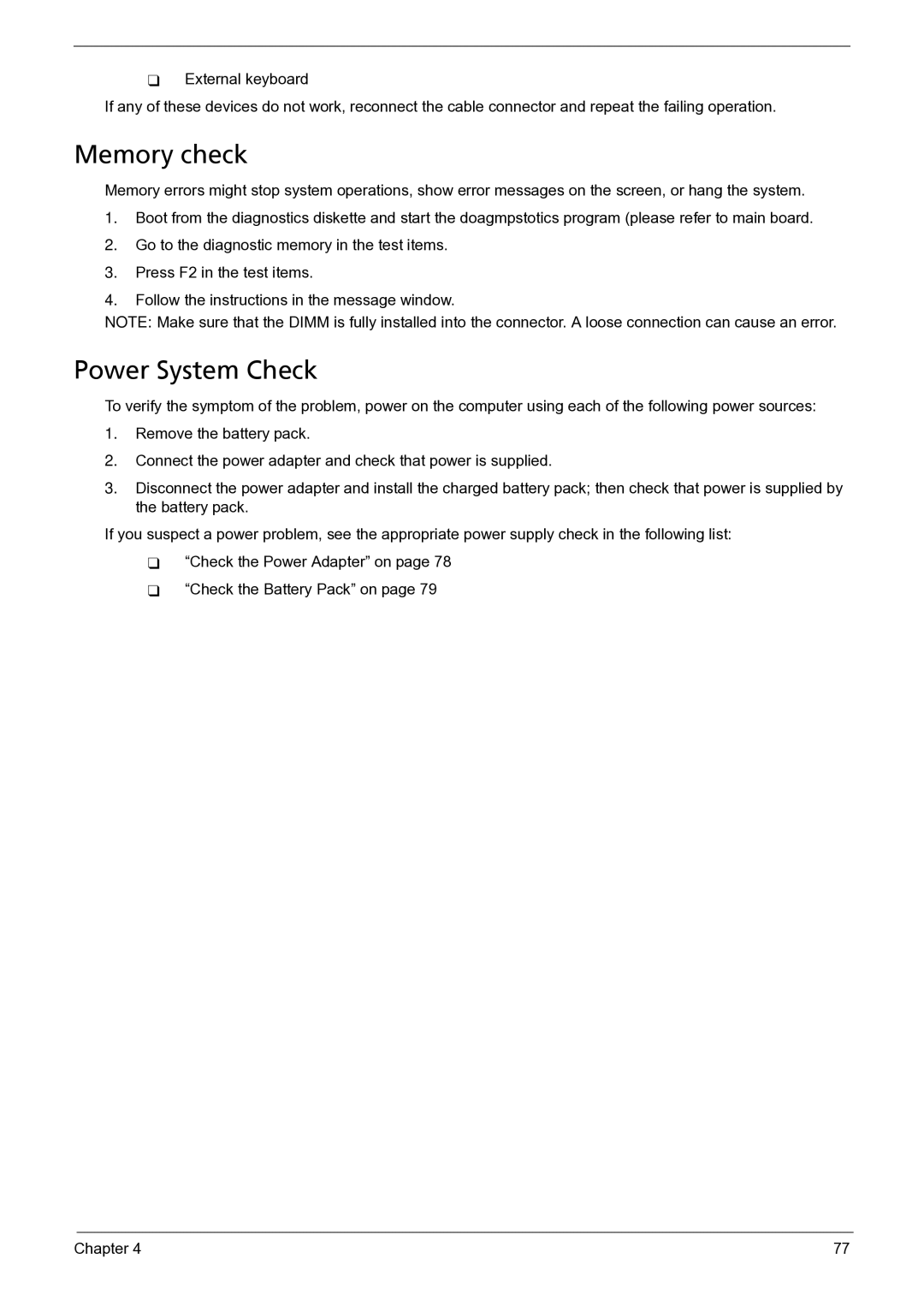 Acer 3050 manual Memory check, Power System Check 