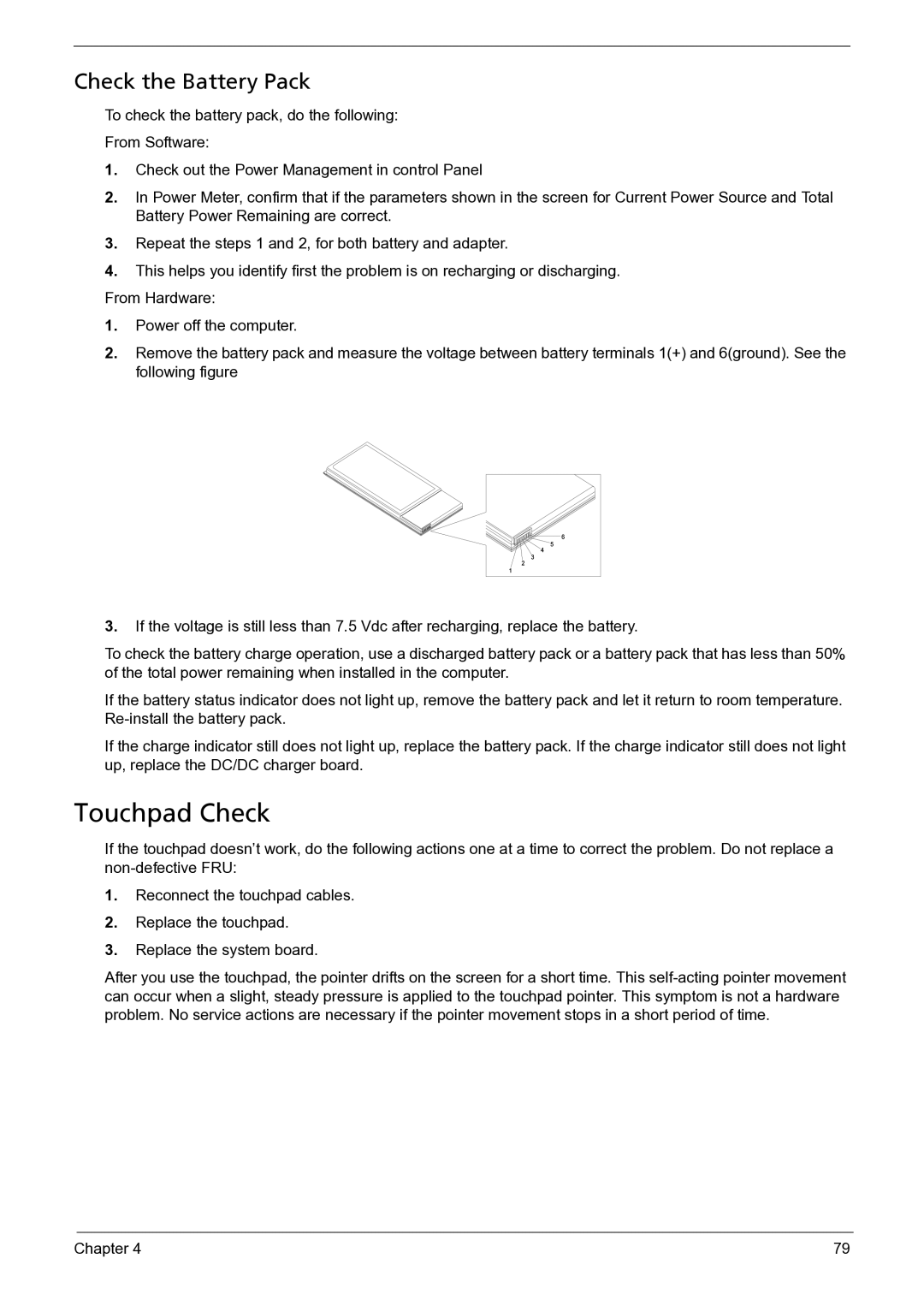 Acer 3050 manual Touchpad Check, Check the Battery Pack 