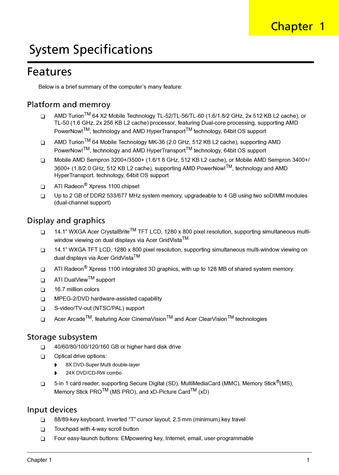 Acer 3050 manual Chapter, Features 