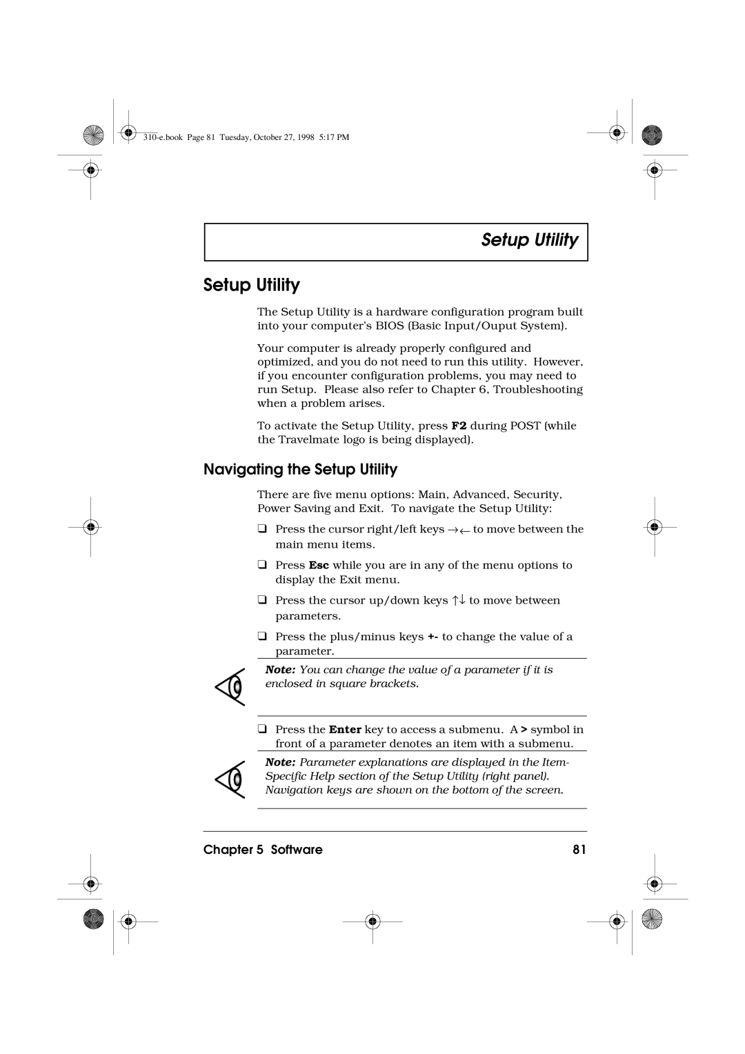 Acer 310 manual Navigating the Setup Utility 