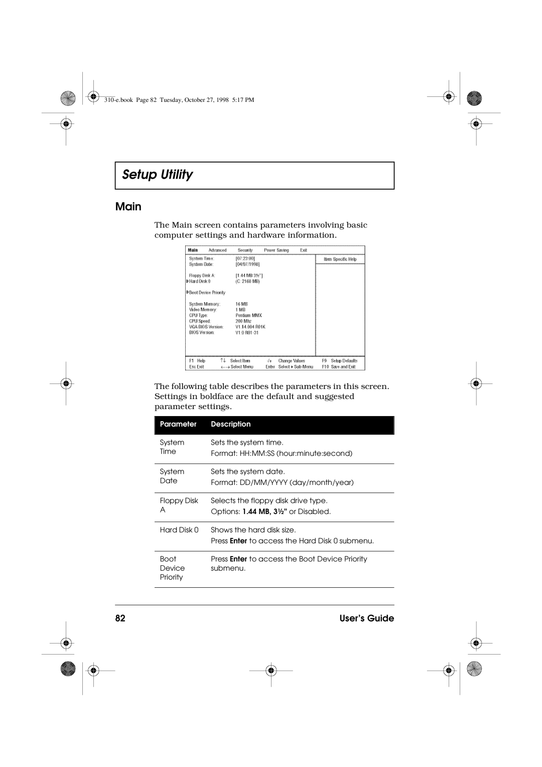 Acer 310 manual Main, Parameter Description 