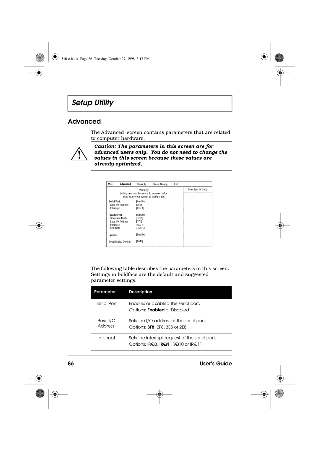 Acer 310 manual Advanced 