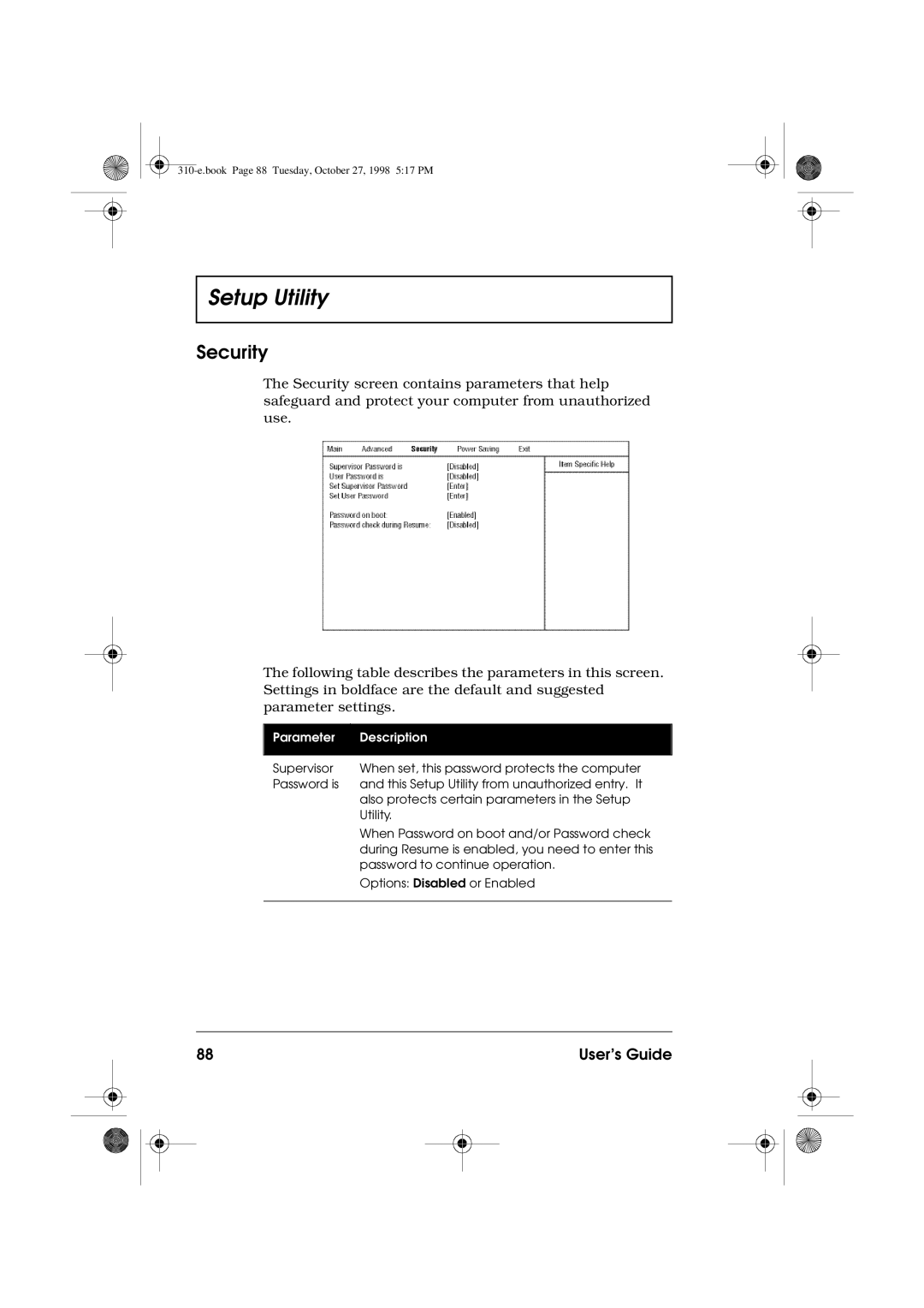 Acer 310 manual Security 