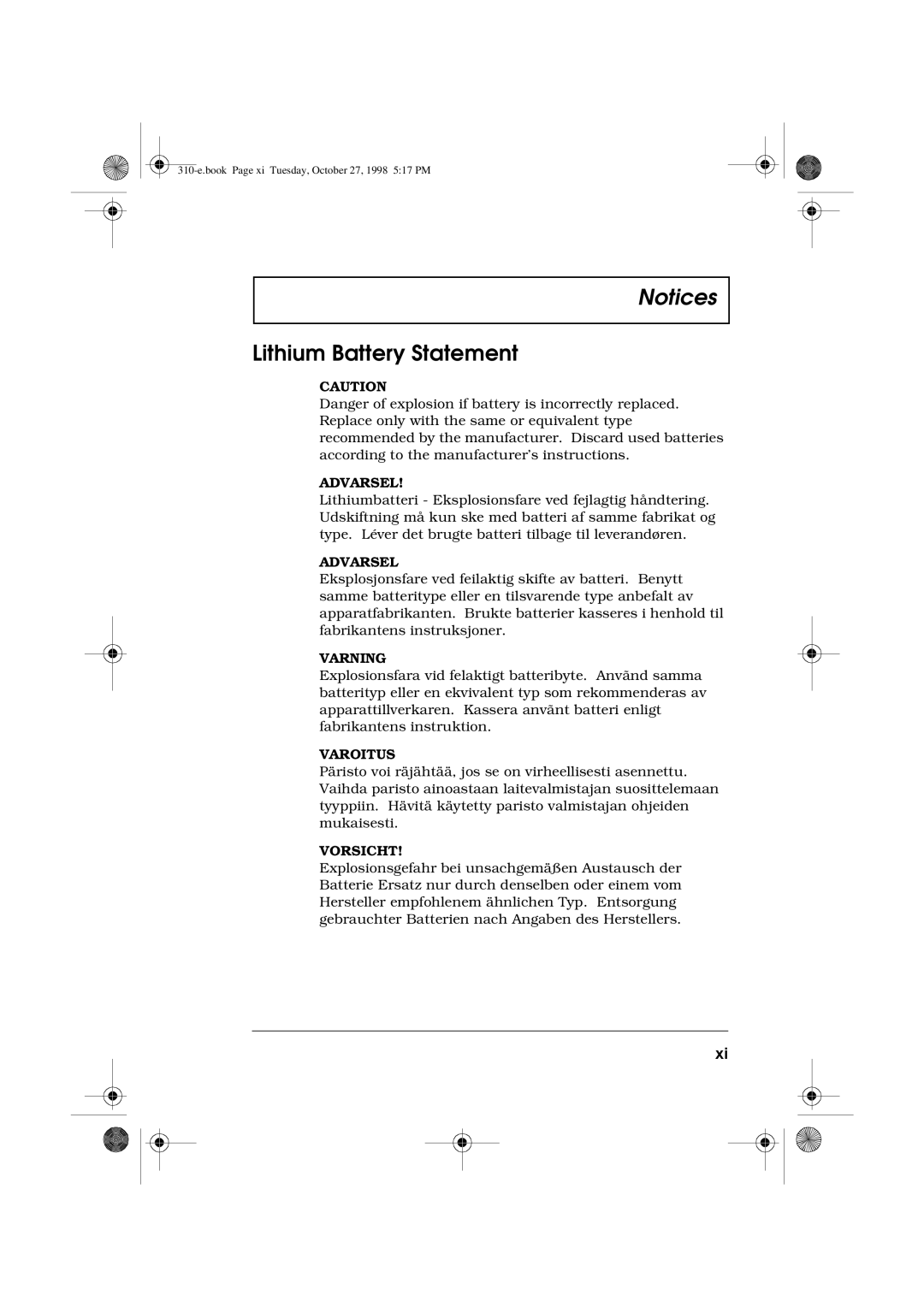 Acer 310 manual Lithium Battery Statement, Varning 