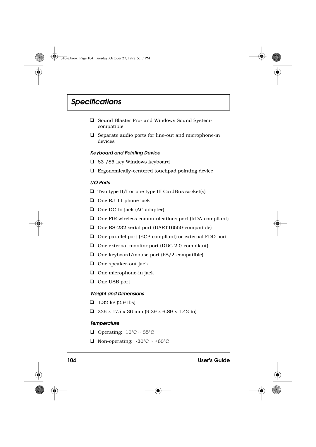 Acer 310 manual Specifications, User’s Guide 