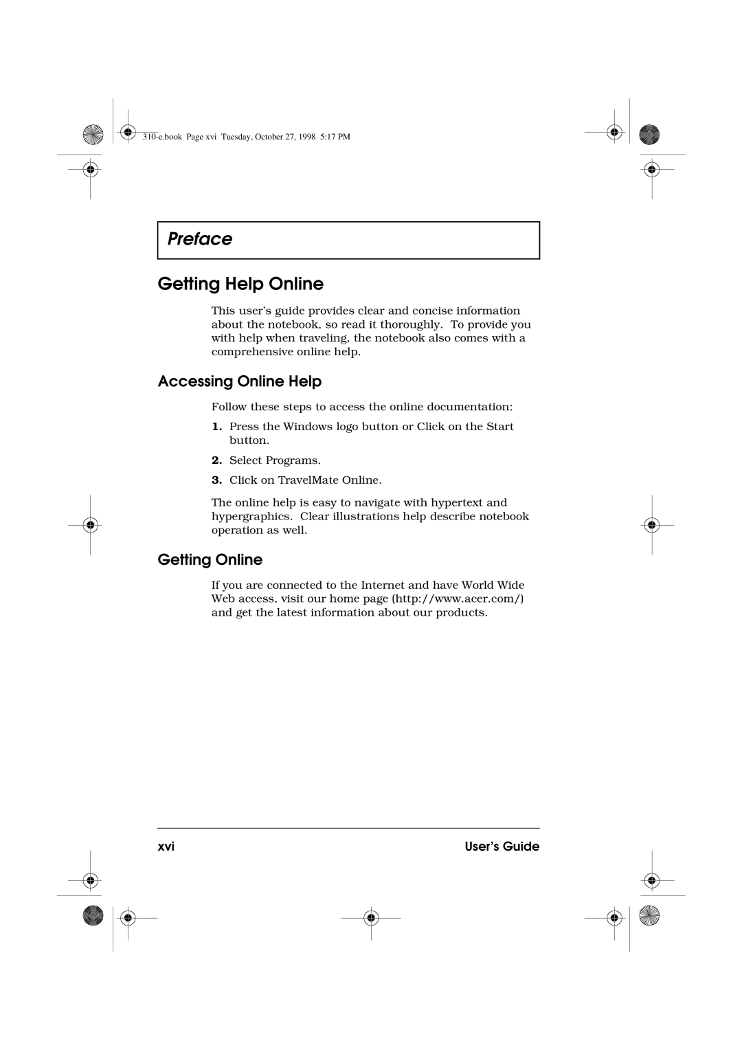Acer 310 manual Getting Help Online, Accessing Online Help, Getting Online, Xvi User’s Guide 