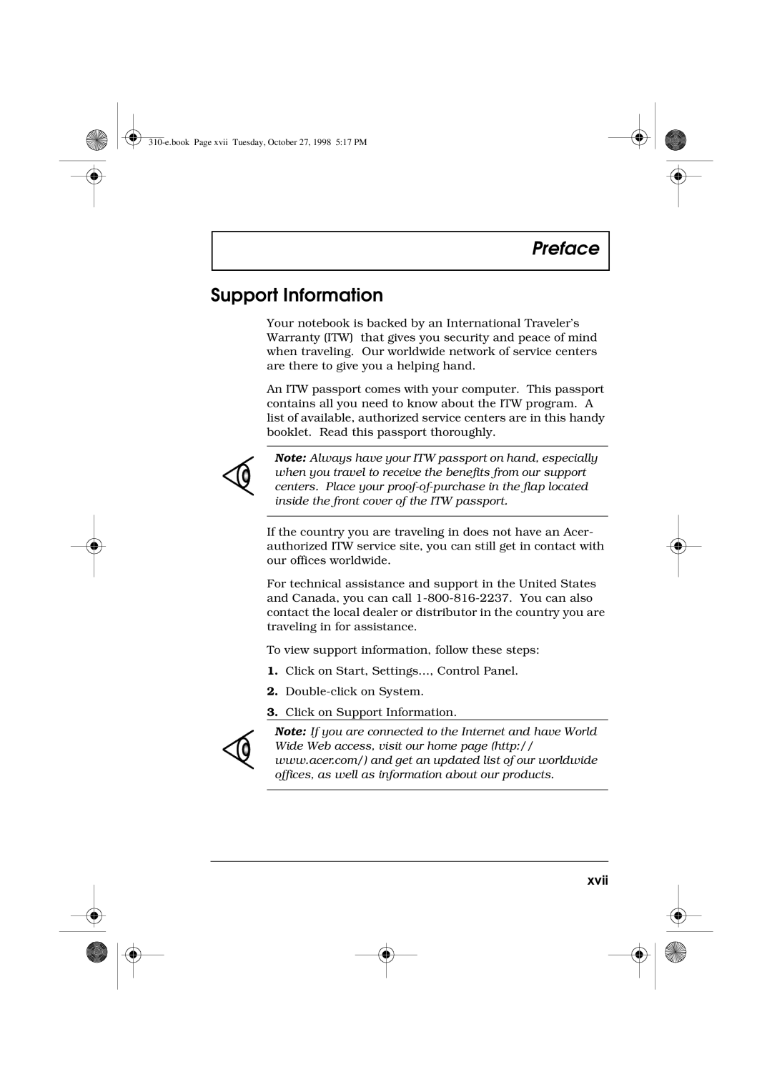 Acer 310 manual Support Information, Xvii 