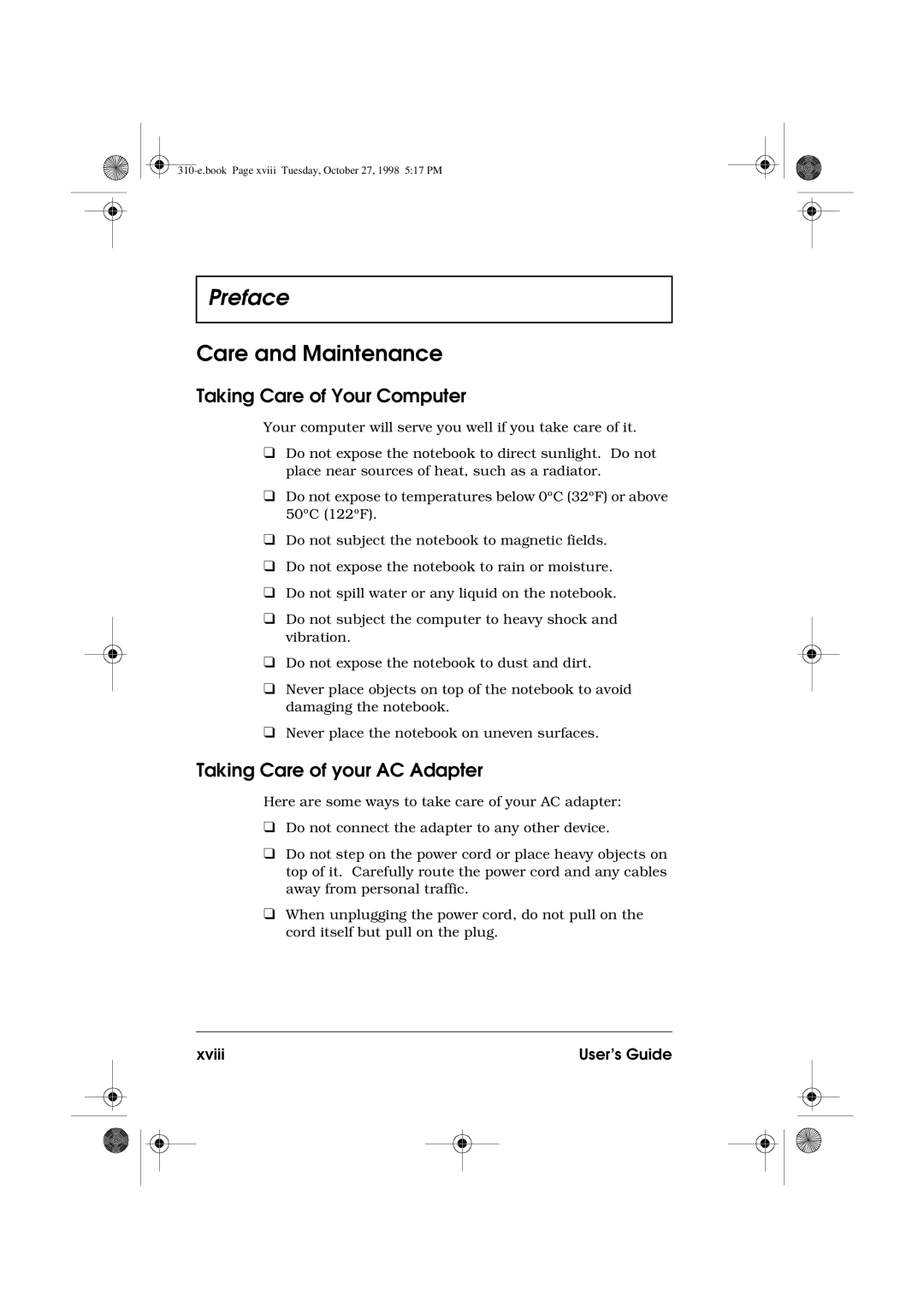 Acer 310 manual Care and Maintenance, Taking Care of Your Computer, Taking Care of your AC Adapter, Xviii User’s Guide 