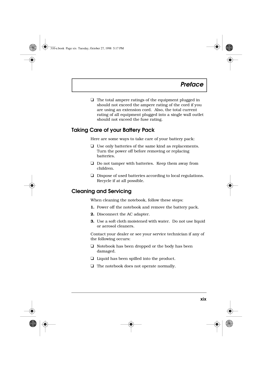 Acer 310 manual Taking Care of your Battery Pack, Cleaning and Servicing, Xix 