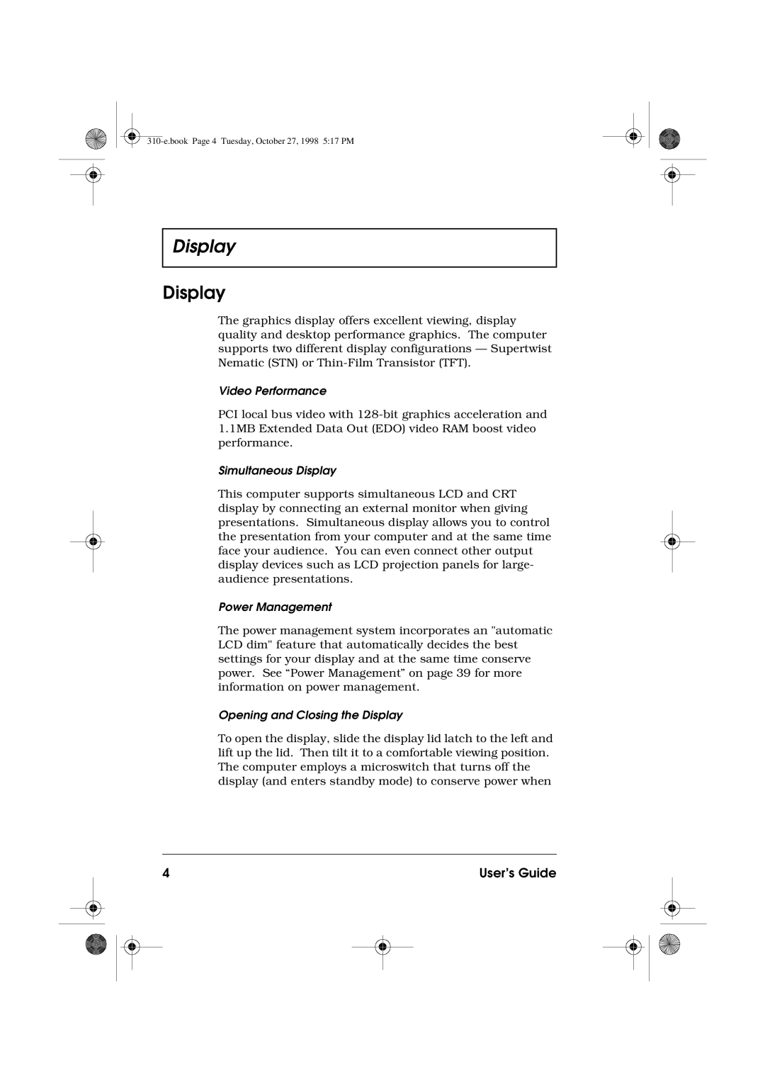 Acer 310 manual Display 