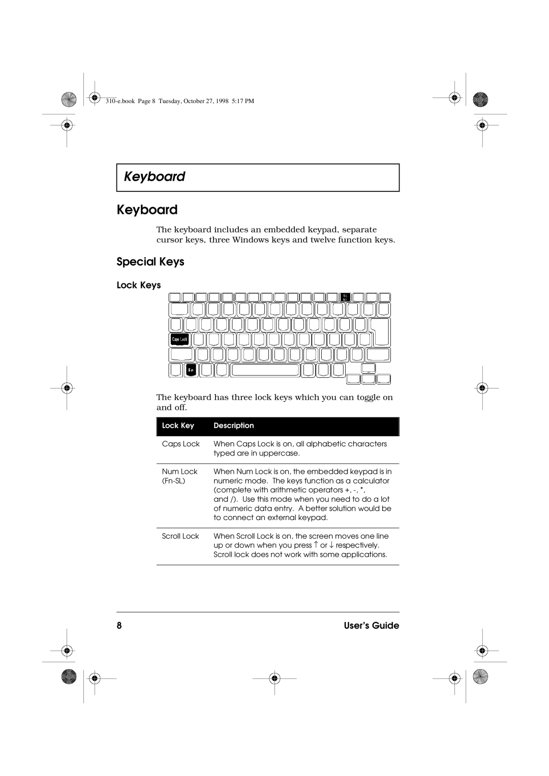 Acer 310 manual Keyboard, Special Keys, Lock Keys 