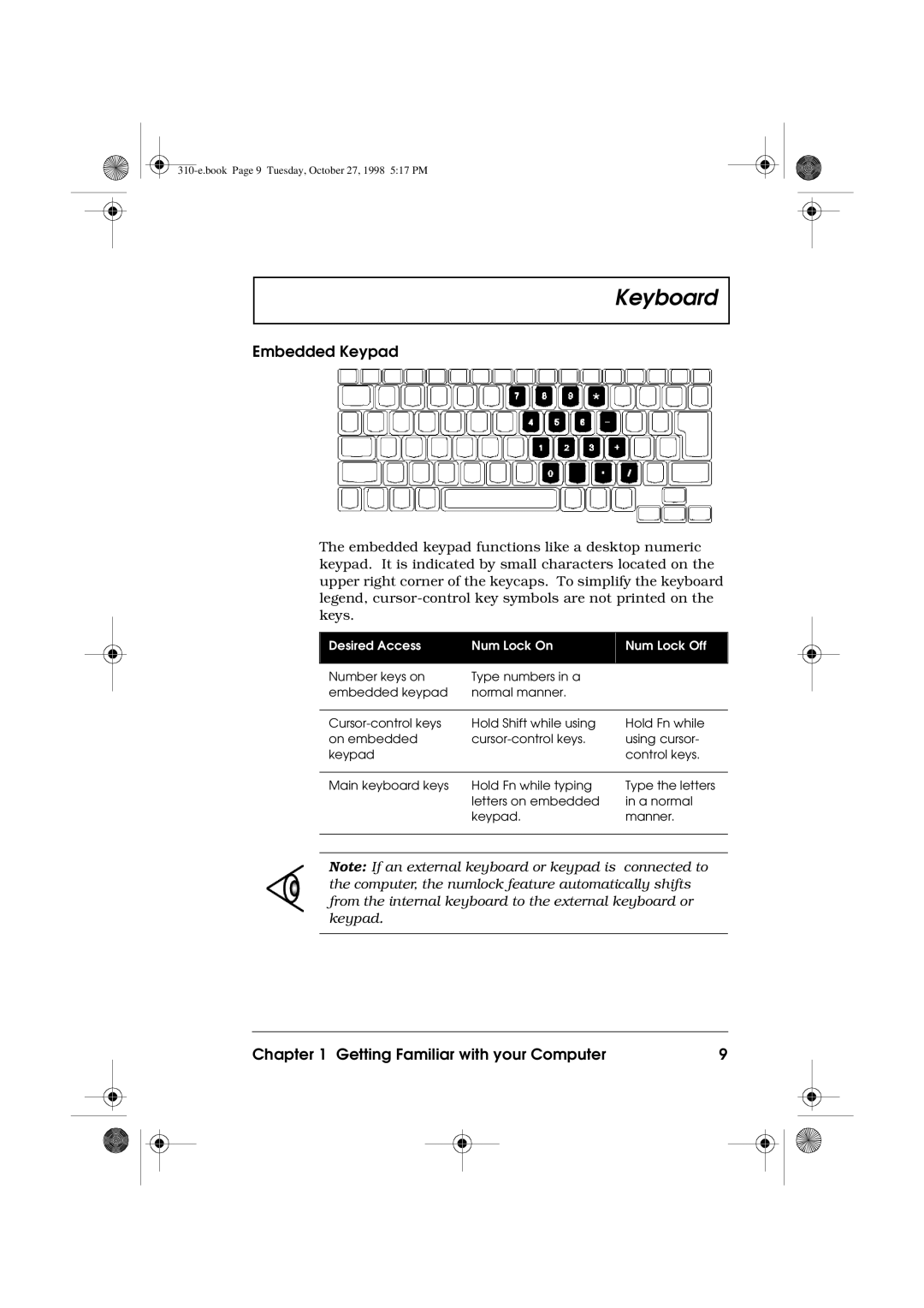 Acer 310 manual Embedded Keypad, Desired Access Num Lock On Num Lock Off 