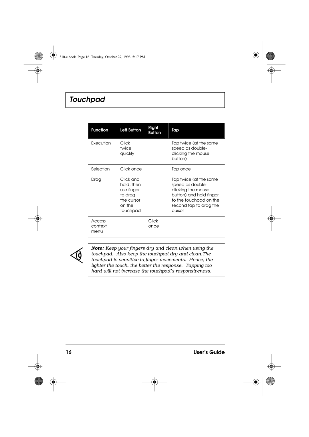 Acer 310 manual Function Left Button Right Button Tap 