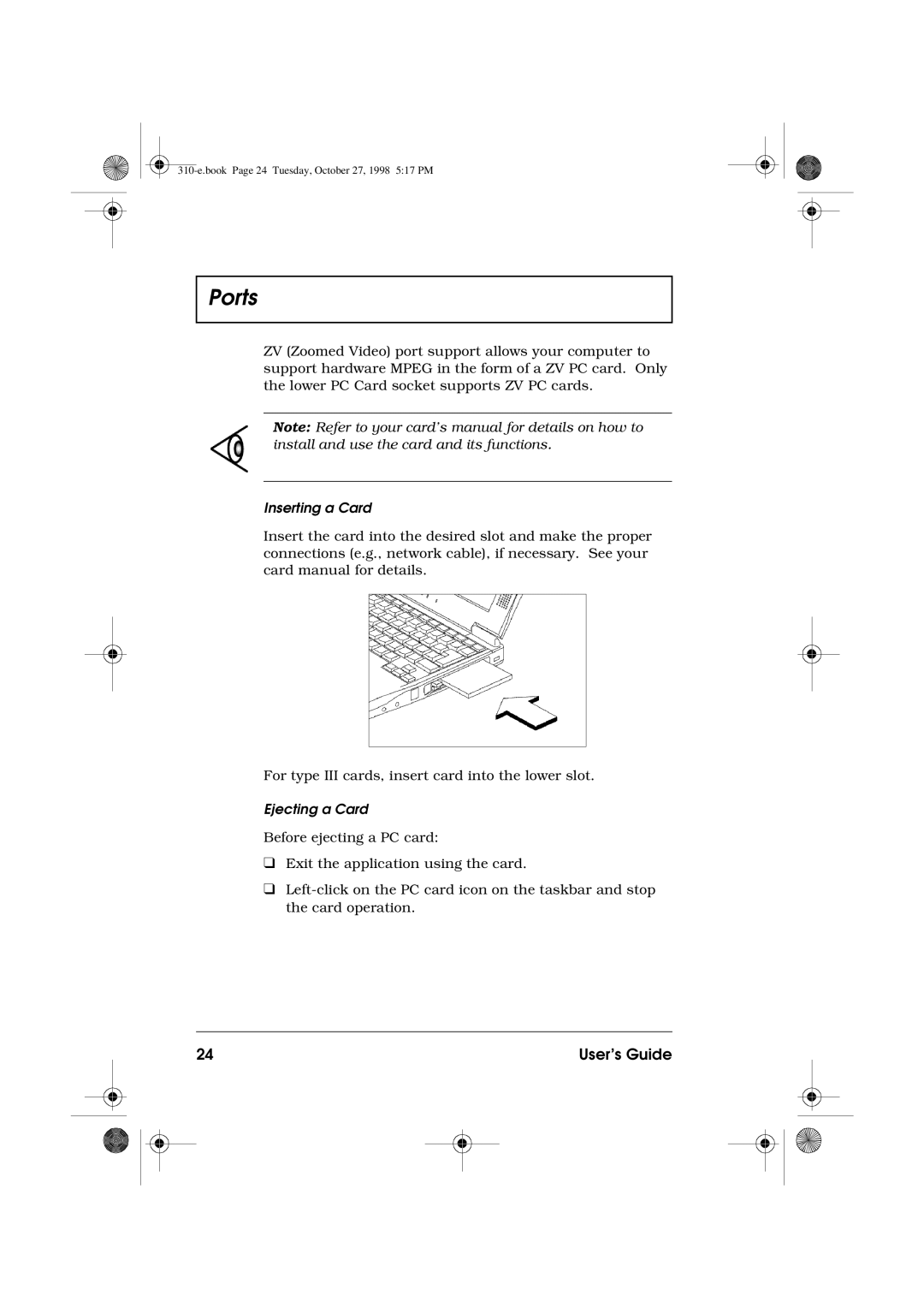 Acer 310 manual Inserting a Card, Ejecting a Card 