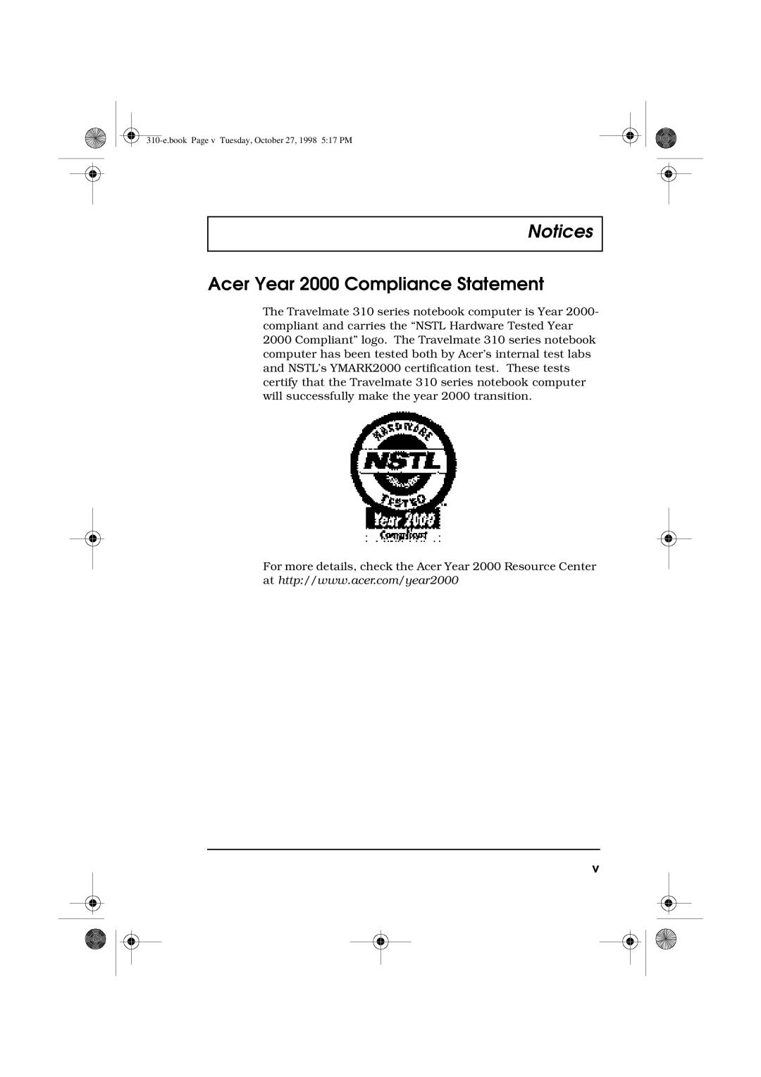 Acer 310 manual Acer Year 2000 Compliance Statement 