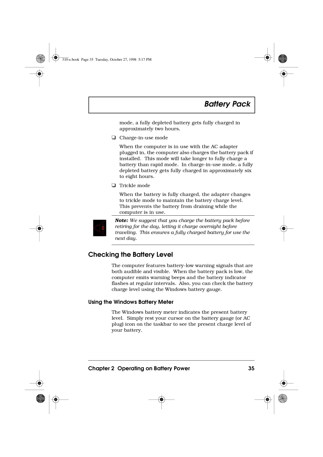 Acer 310 manual Checking the Battery Level, Using the Windows Battery Meter 