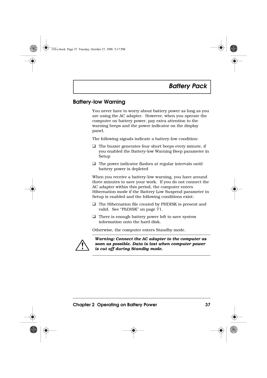 Acer 310 manual Battery-low Warning 