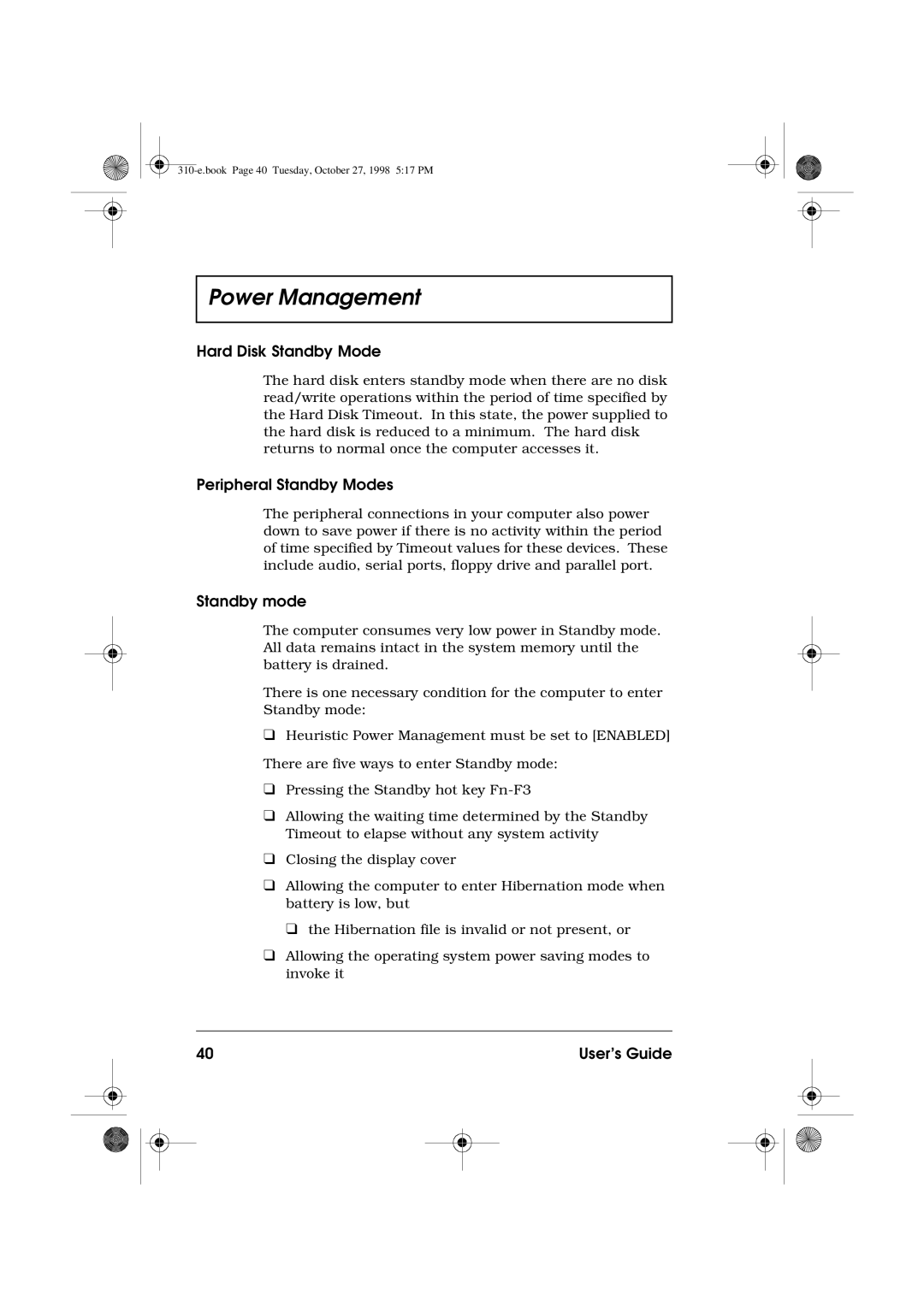 Acer 310 manual Hard Disk Standby Mode, Peripheral Standby Modes, Standby mode 