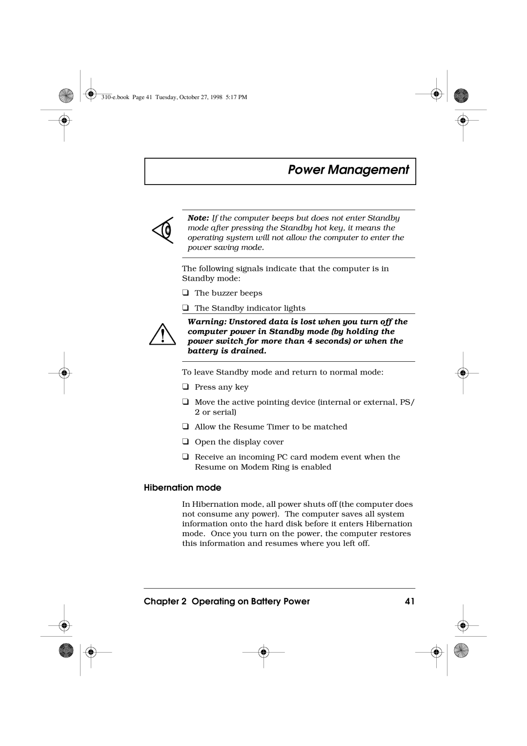 Acer 310 manual Hibernation mode 