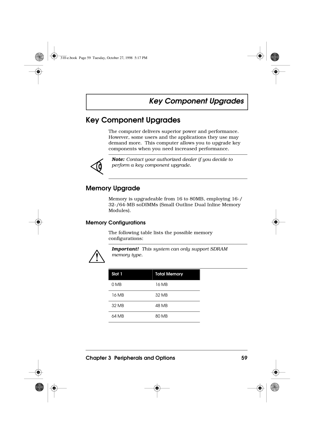 Acer 310 manual Key Component Upgrades, Memory Upgrade, Memory Configurations 