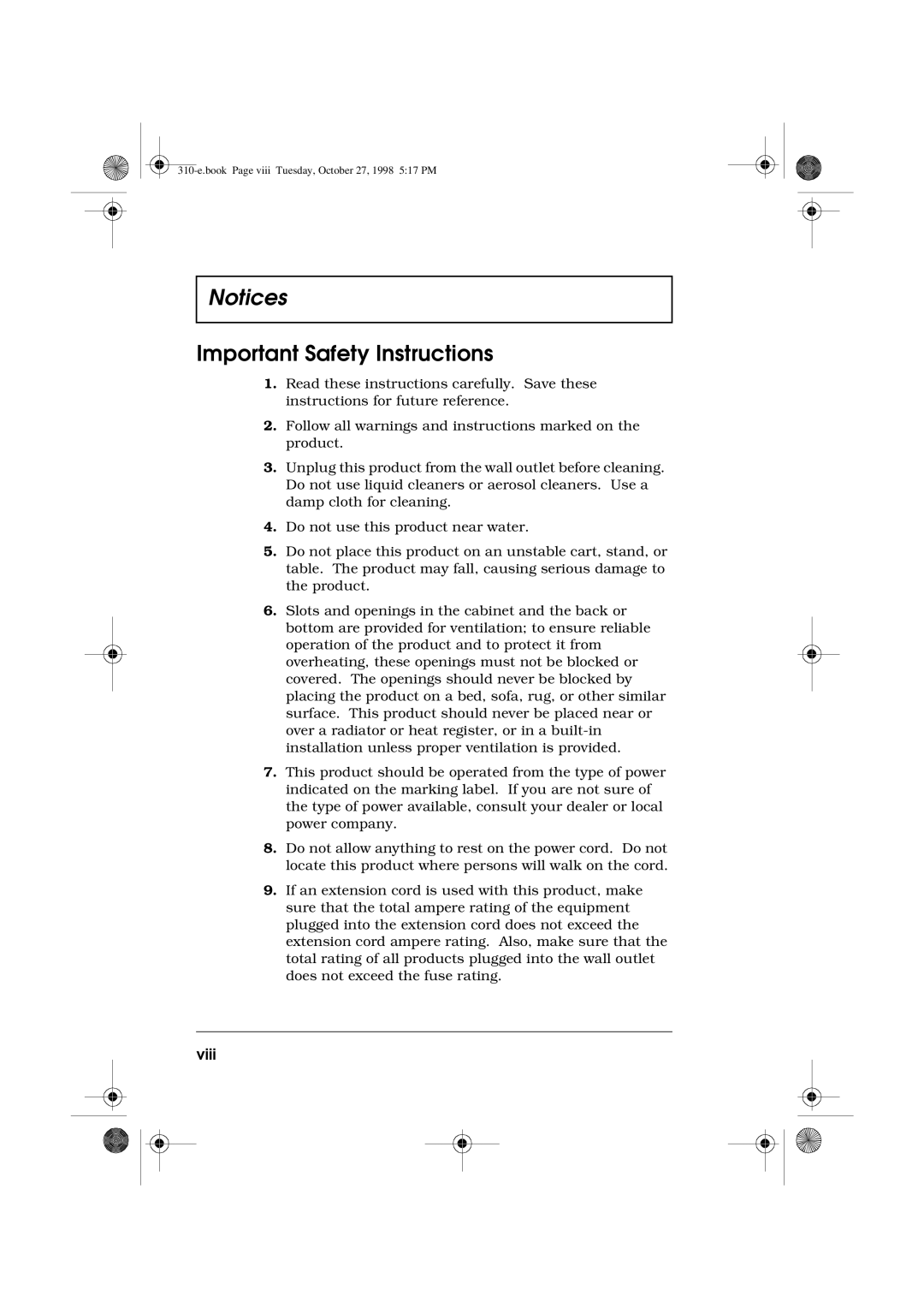 Acer 310 manual Important Safety Instructions, Viii 