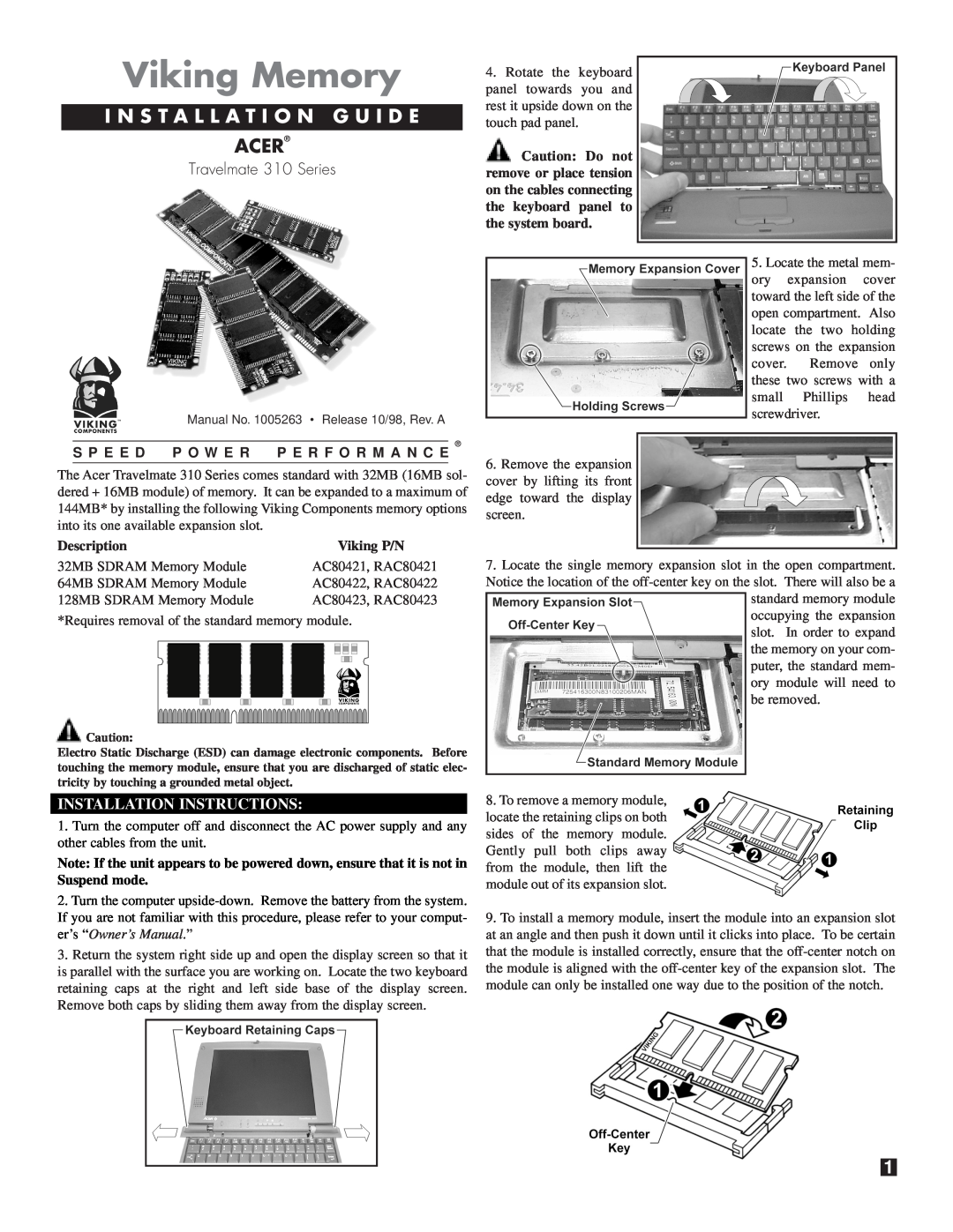 Acer 310 installation instructions Installation Instructions, Viking Memory, I N S T A L L A T I O N G U I D E, Acer 
