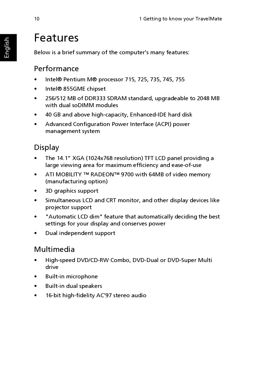 Acer 3200 Series manual Features, Performance, Display, Multimedia 