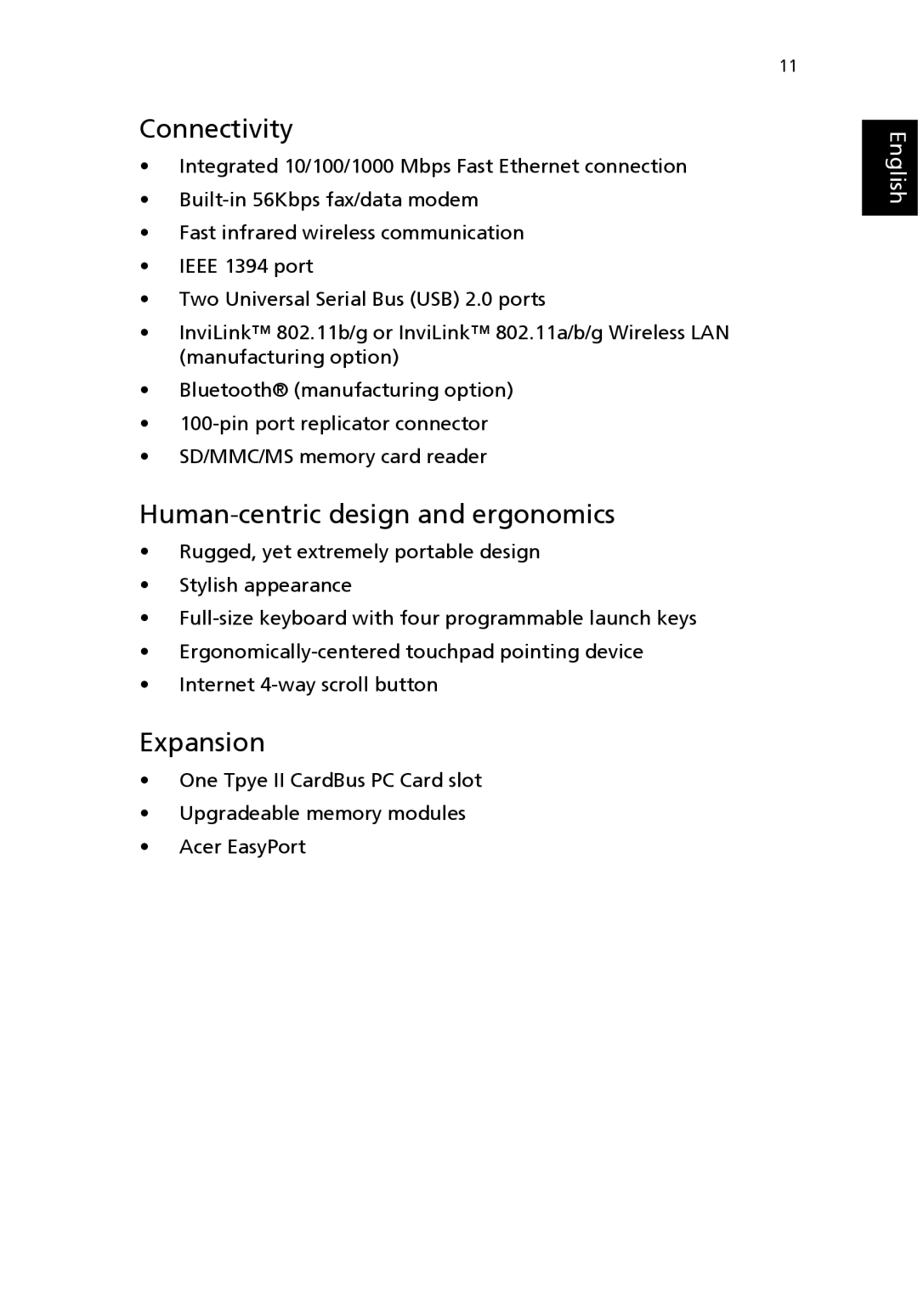 Acer 3200 Series manual Connectivity, Human-centric design and ergonomics, Expansion 