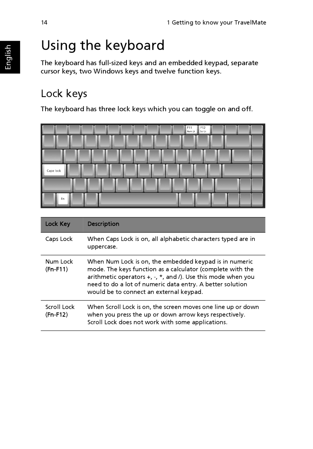 Acer 3200 Series manual Using the keyboard, Lock keys, Lock Key Description, Fn-F11, Fn-F12 